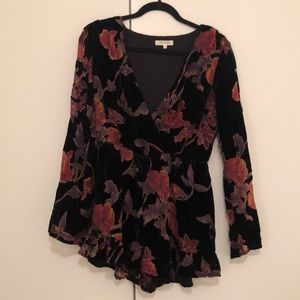 Velvet, Floral, Long Sleeve Romper